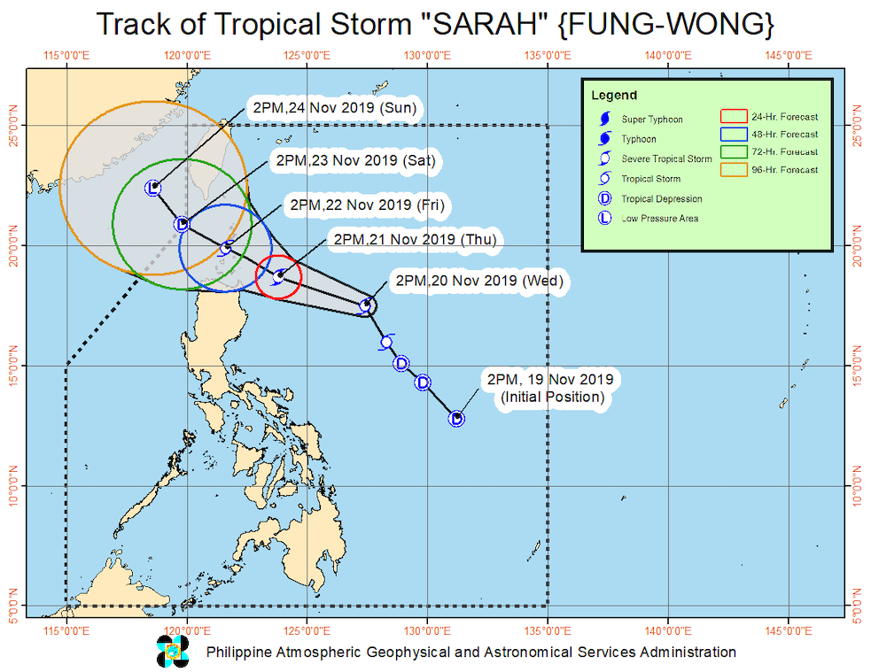 Forecast track of Tropical Storm Sarah (Fung-wong) as of November 20, 2019, 5 pm. Image from PAGASA 