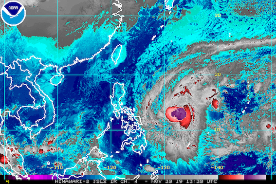 Satellite image of Typhoon Tisoy (Kammuri) as of November 30, 2019, 9:30 pm. Image from NOAA 