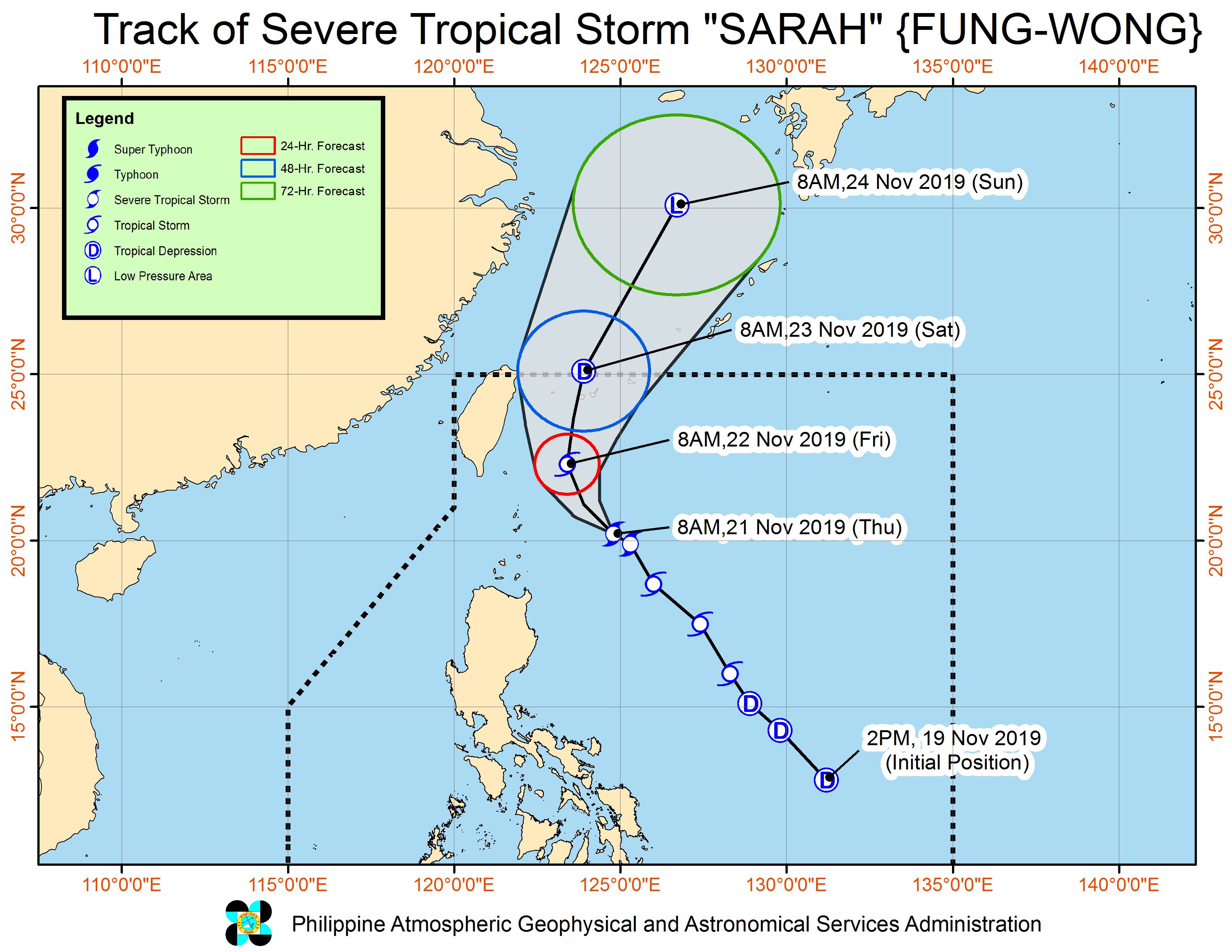 Forecast track of Severe Tropical Storm Sarah (Fung-wong) as of November 21, 2019, 11 am. Image from PAGASA 