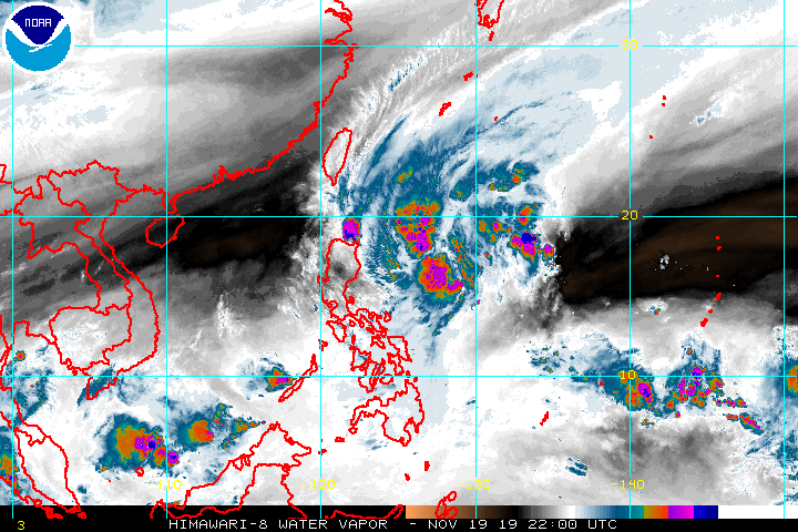 Satellite image of Severe Tropical Storm Ramon (Kalmaegi) on the left and Tropical Depression Sarah on the right as of November 20, 2019, 6 am. Image from NOAA 