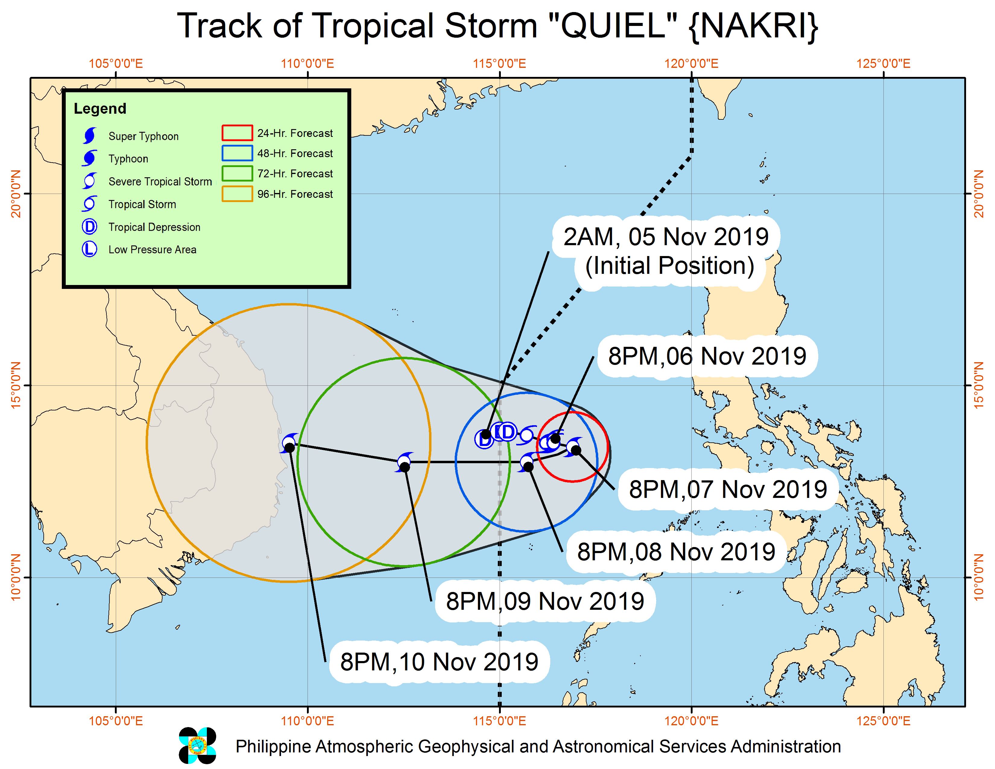 Forecast track of Tropical Storm Quiel (Nakri) as of November 6, 2019, 11 pm. Image from PAGASA 