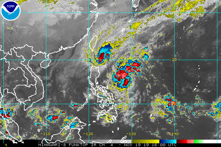 Satellite image of Typhoon Ramon (Kalmaegi) on the left and Tropical Depression Sarah on the right as of November 20, 2019, 12 am. Image from NOAA 