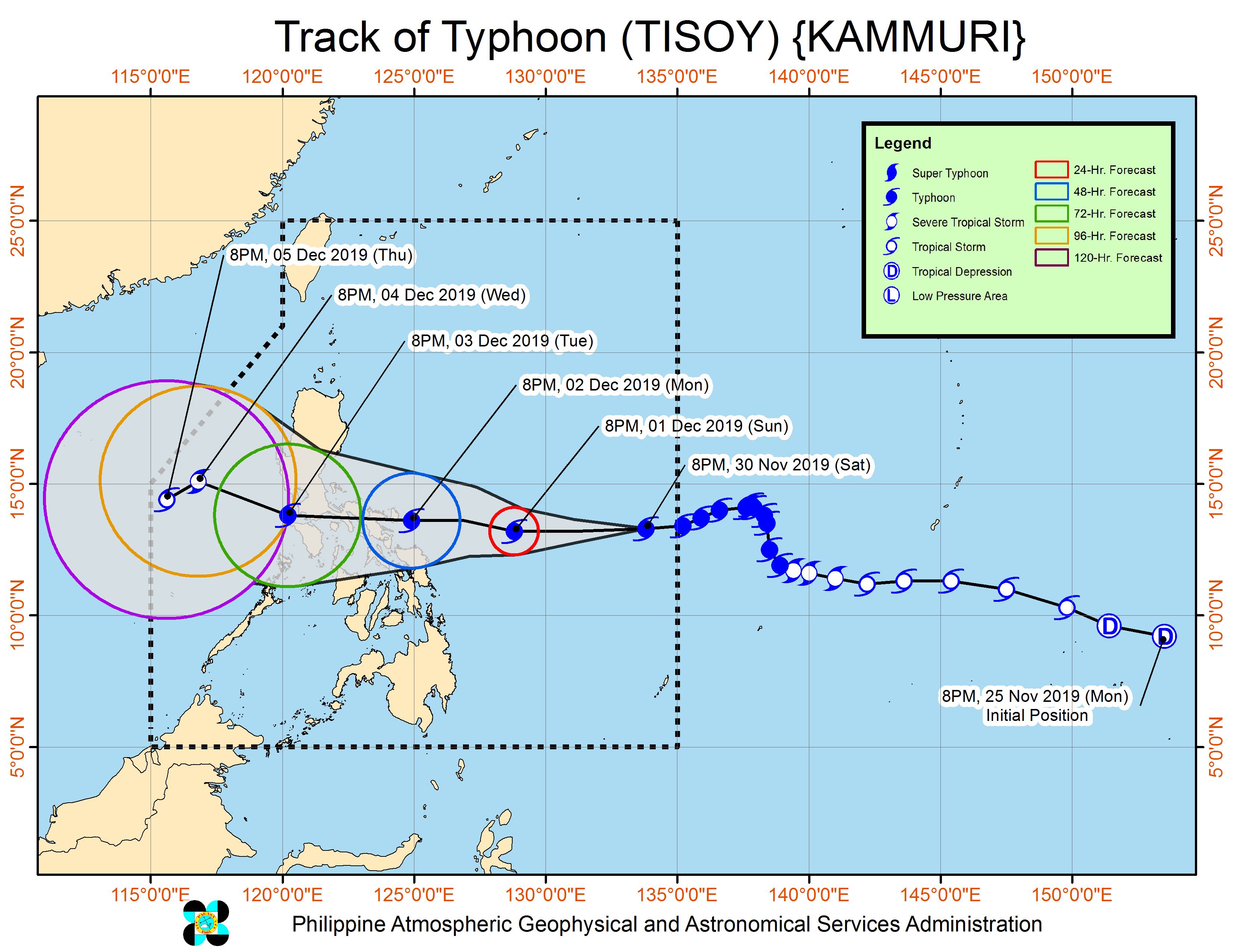 Forecast track of Typhoon Tisoy (Kammuri) as of November 30, 2019, 11 pm. Image from PAGASA 