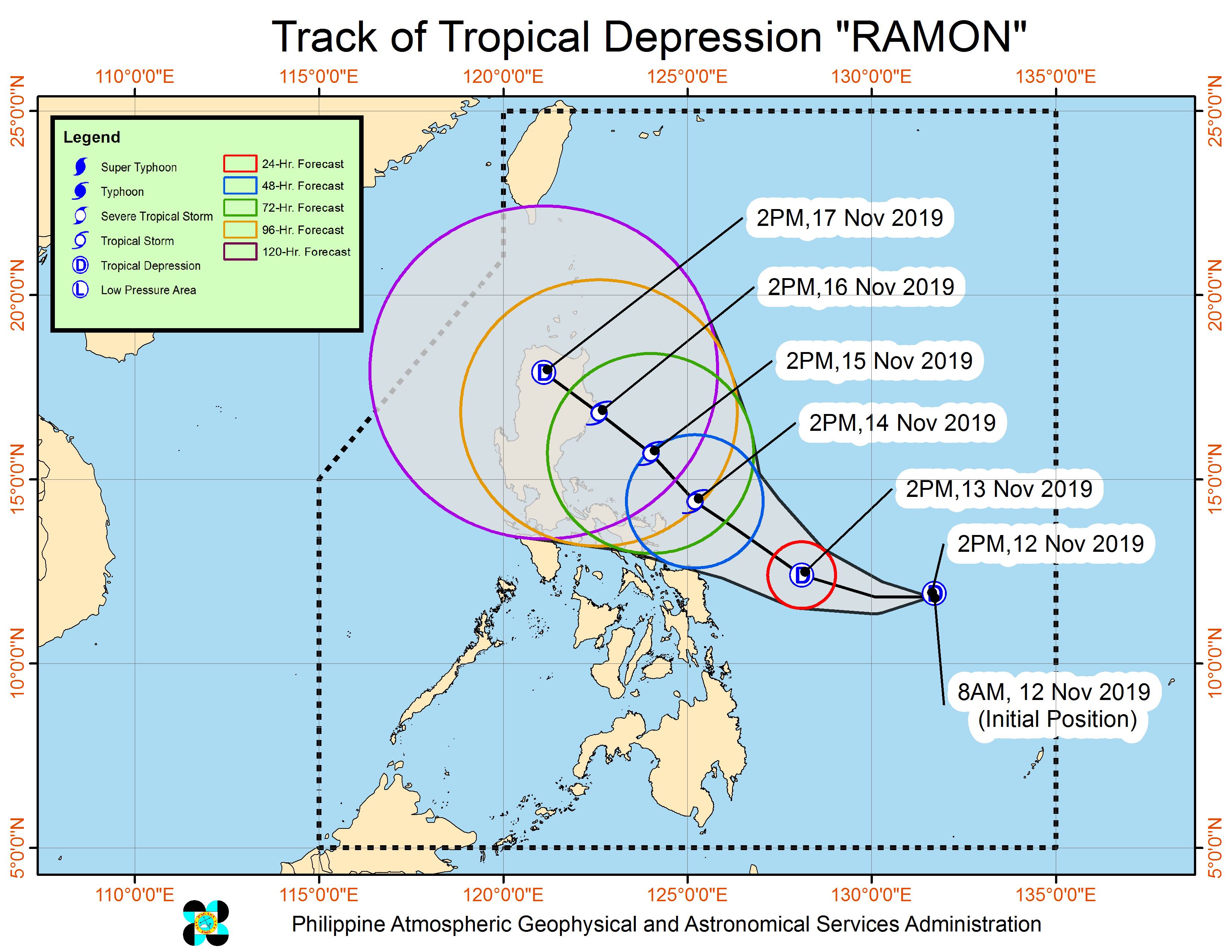 Forecast track of Tropical Depression Ramon as of November 12, 2019, 5 pm. Image from PAGASA 