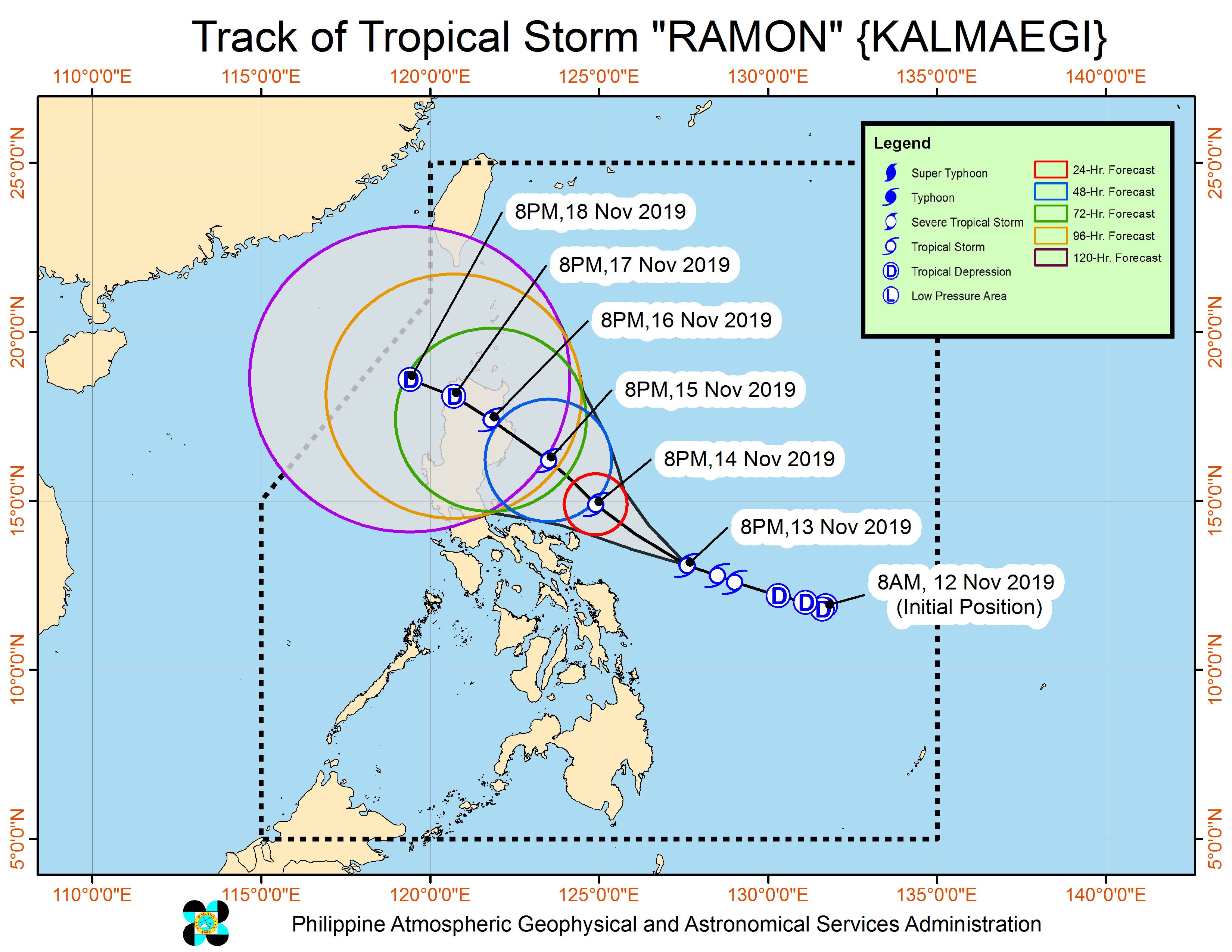 Forecast track of Tropical Storm Ramon (Kalmaegi) as of November 13, 2019, 11 pm. Image from PAGASA 