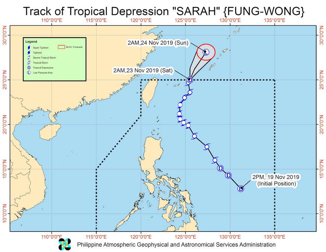 Forecast track of Tropical Depression Sarah (Fung-wong) as of November 23, 2019, 5 am. Image from PAGASA 