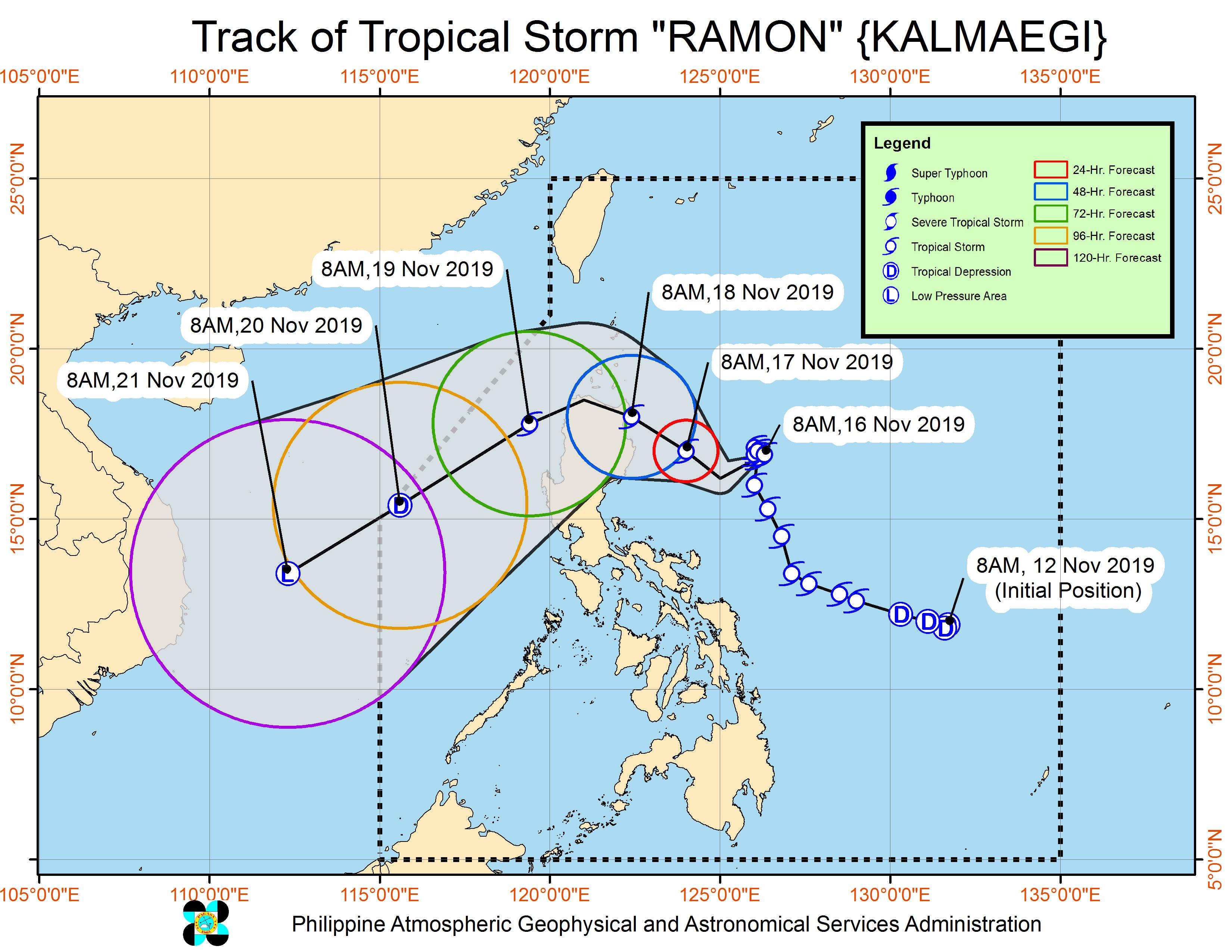Forecast track of Tropical Storm Ramon (Kalmaegi) as of November 16, 2019, 11 am. Image from PAGASA 