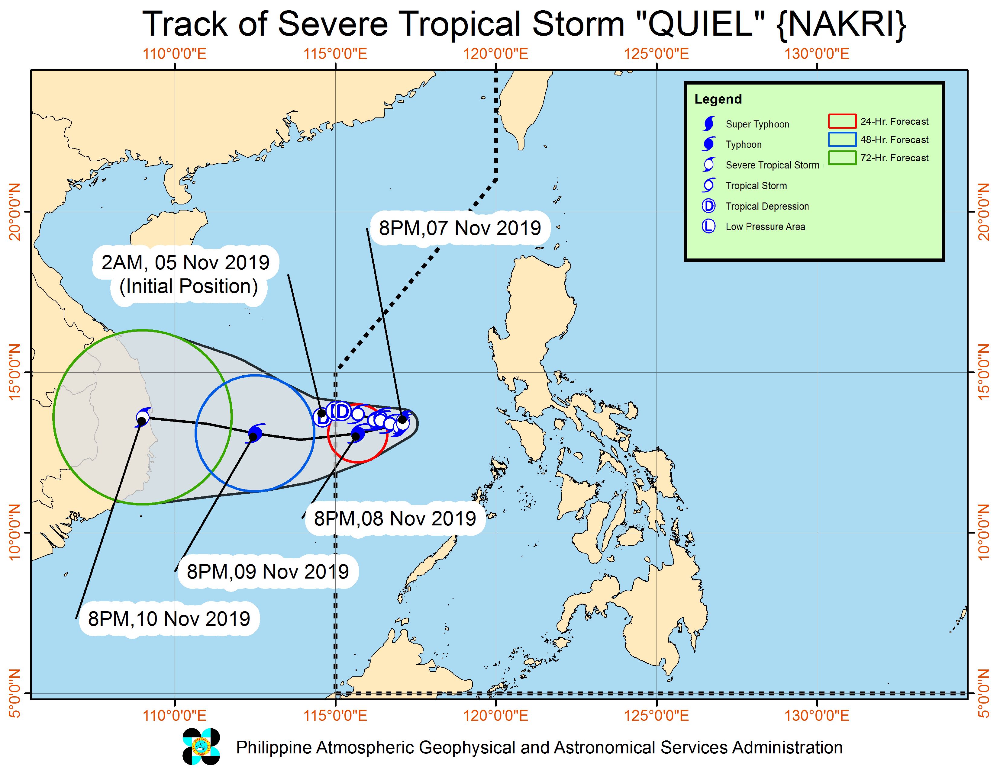 Forecast track of Severe Tropical Storm Quiel (Nakri) as of November 7, 2019, 11 pm. Image from PAGASA 