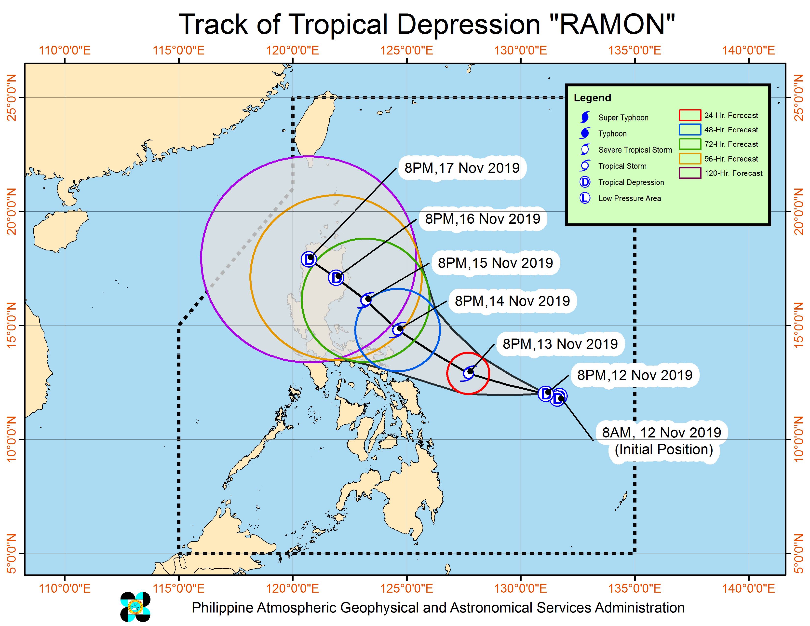 Forecast track of Tropical Depression Ramon as of November 12, 2019, 11 pm. Image from PAGASA 