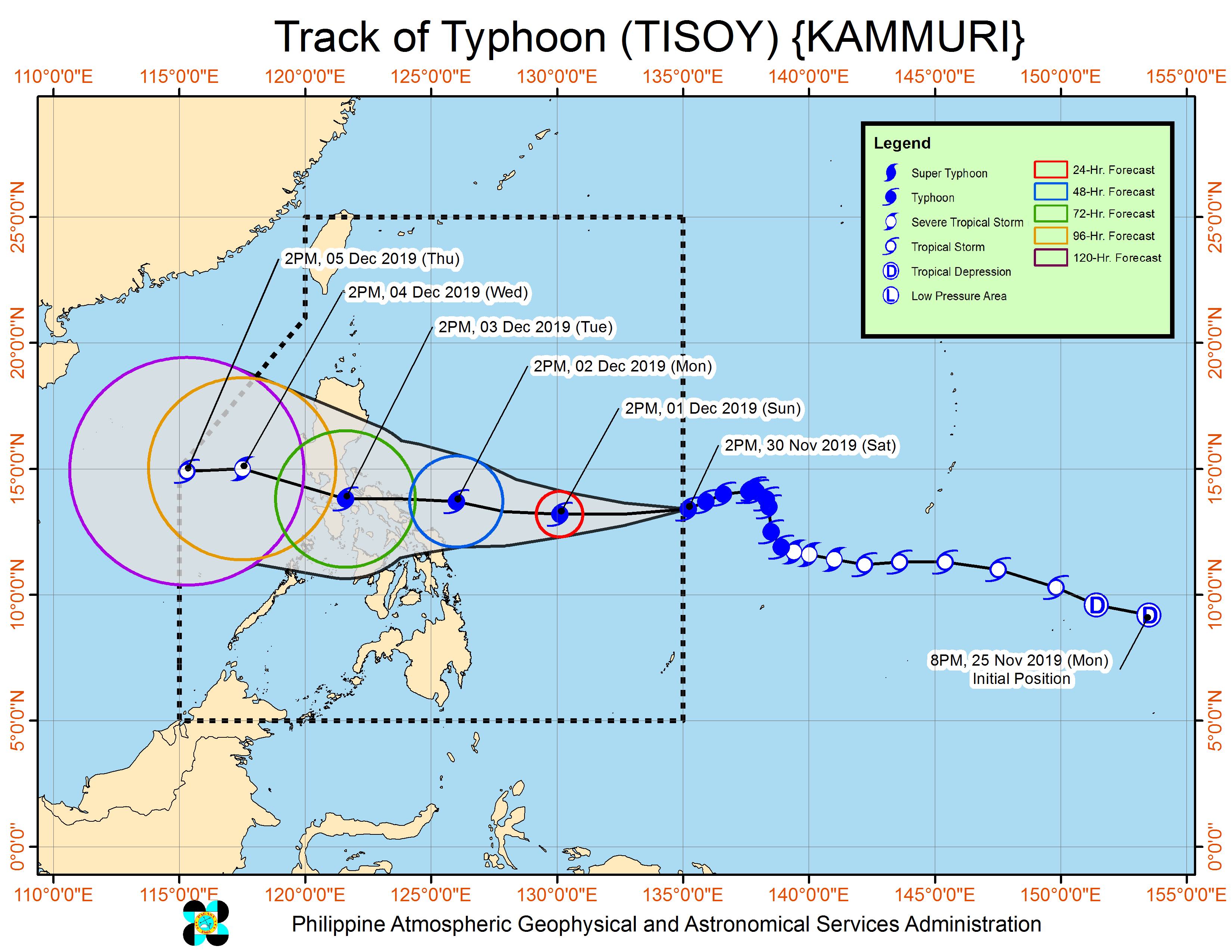 Forecast track of Typhoon Tisoy (Kammuri) as of November 30, 2019, 5 pm. Image from PAGASA 
