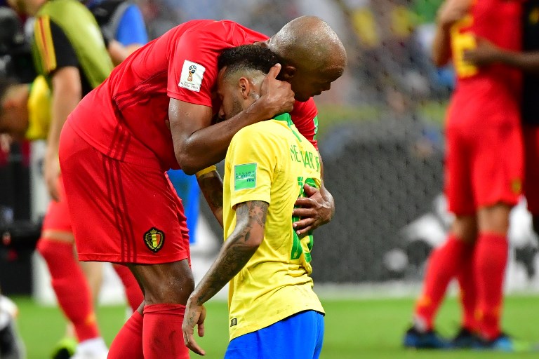 SHOCKER. Belgium's Vincent Kompany (left) consoles Brazil superstar Neymar. Photo by Luis Acosta/AFP  