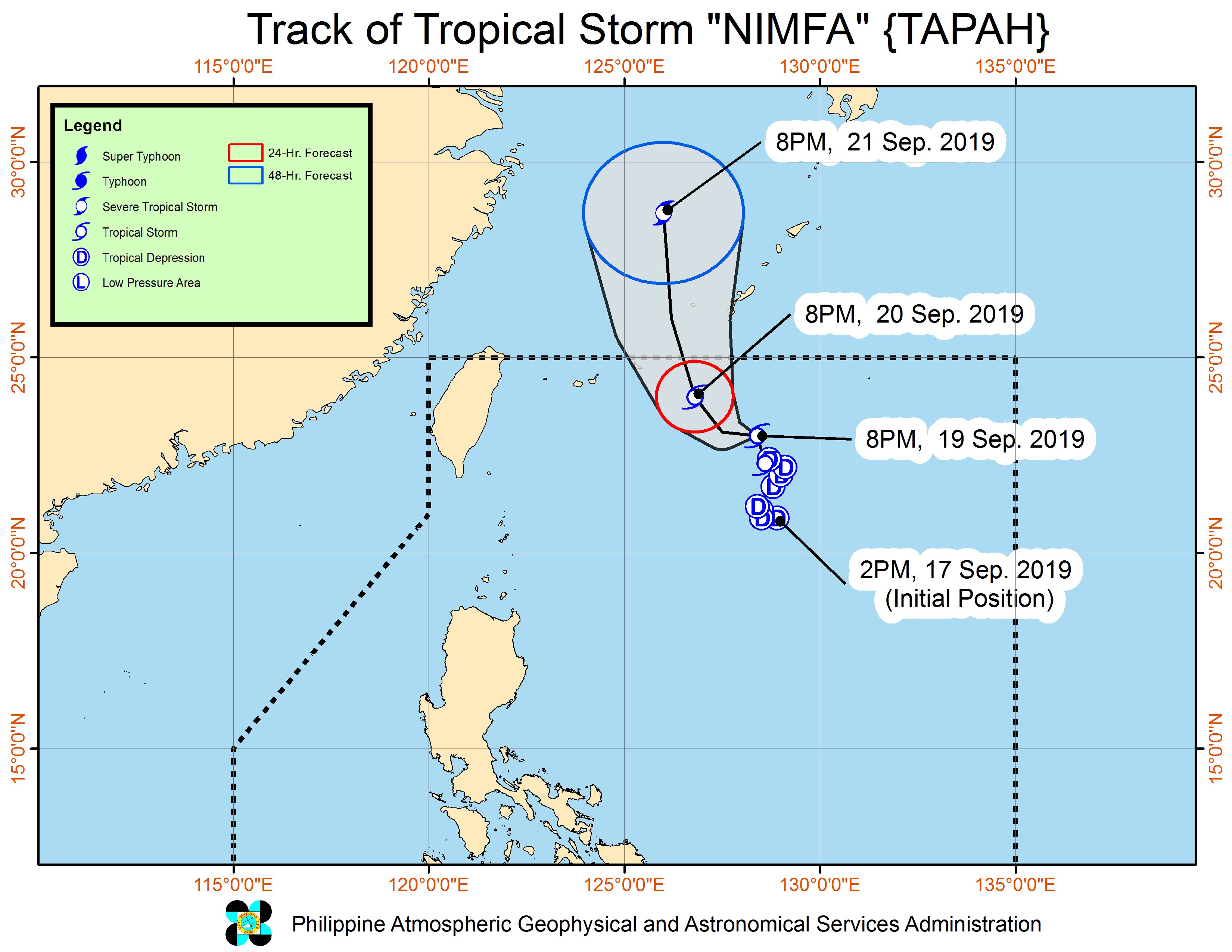 Forecast track of Tropical Storm Nimfa (Tapah) as of September 19, 2019, 11 pm. Image from PAGASA 
