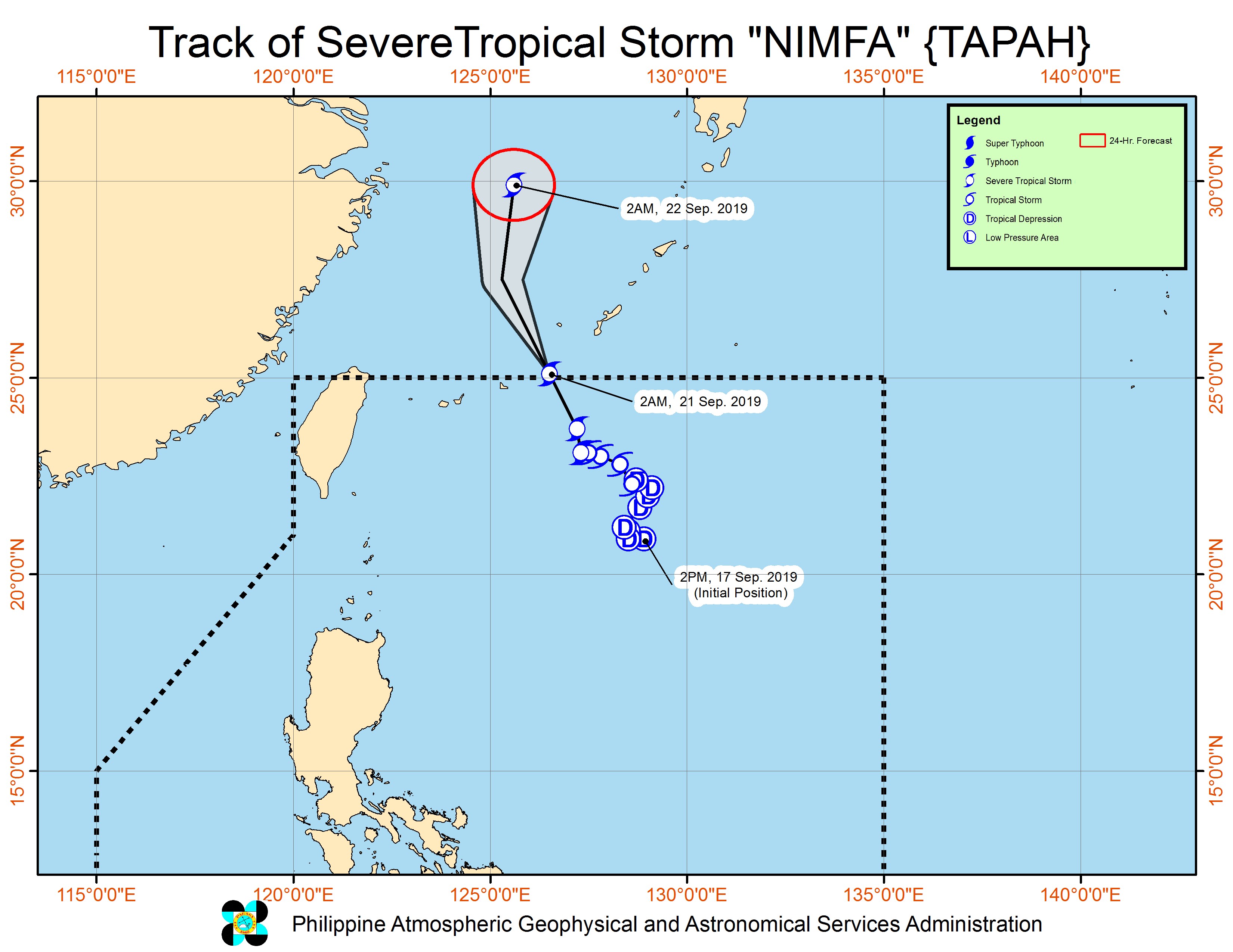 Forecast track of Severe Tropical Storm Nimfa (Tapah) as of September 21, 2019, 5 am. Image from PAGASA 