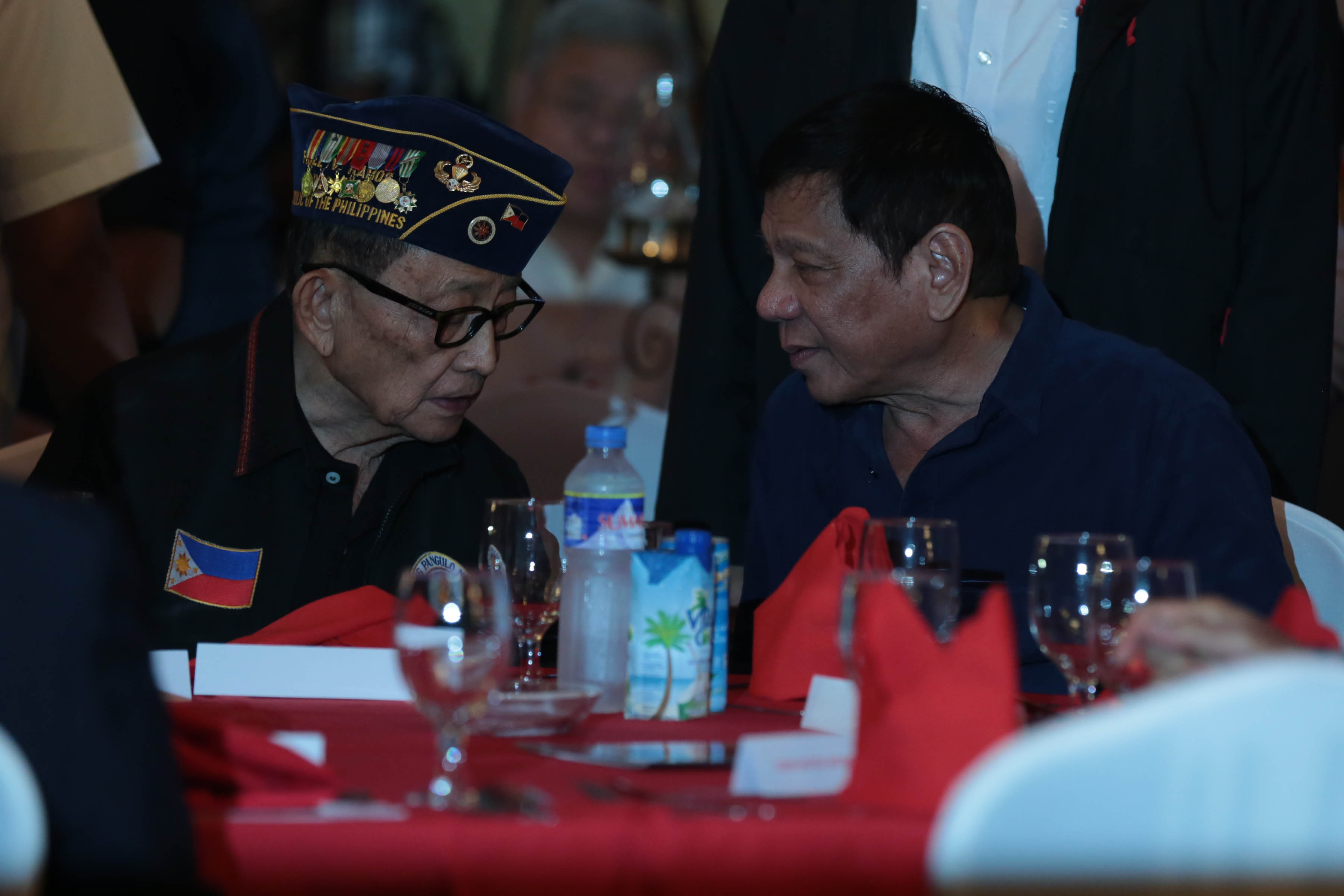 DUTERTE AND FVR. President Rodrigo Duterte chats with Former President Fidel V. Ramos during the Testimonial Dinner Reception organized by the San Beda Law Alumni Association on July 14, 2016. Photo by TOTO LOZANO/PPD 