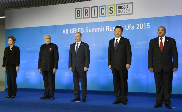 TOP OF THE BRICS. In this file photo, (L-R) Brazil's President Dilma Rousseff, Indian Prime Minister Narendra Modi, Russia's President Vladimir Putin, China's President Xi Jinping and South Africa's President Jacob Zuma pose for a family photo on their way to their first working session at the 7th BRICS summit in Ufa on July 9, 2015. Alexander Nemenov/AFP 