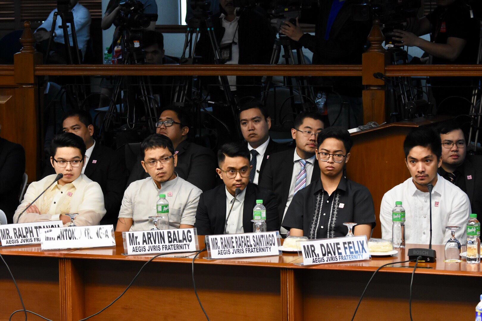 FRATMEN. Ralph Trangia (leftmost) and Arvin Balag (3rd from left) are facing murder complaints for the death of Horacio Castillo III. Photo by Rappler    