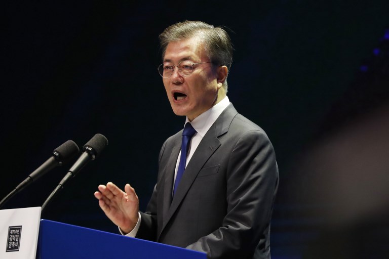 ON US-NORTH TALKS. In this file photo, South Korea's President Moon Jae-in delivers a speech during celebrations marking the 72th anniversary of Korea's liberation from Japanese colonial rule in 1945, in Seoul on August 15, 2017. File photo by Jeon Heon-Kyun/Pool/AFP     