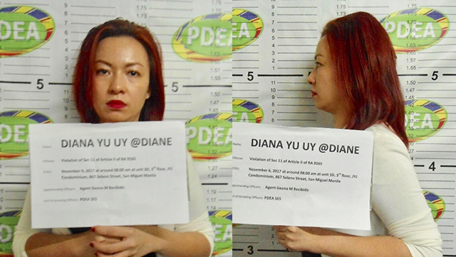 CAPTURED. PDEA charges Diana Yu Uy, daughter of convicted drug lord, is caught in possession of illegal drugs and with two policemen as security detail. PDEA photo 