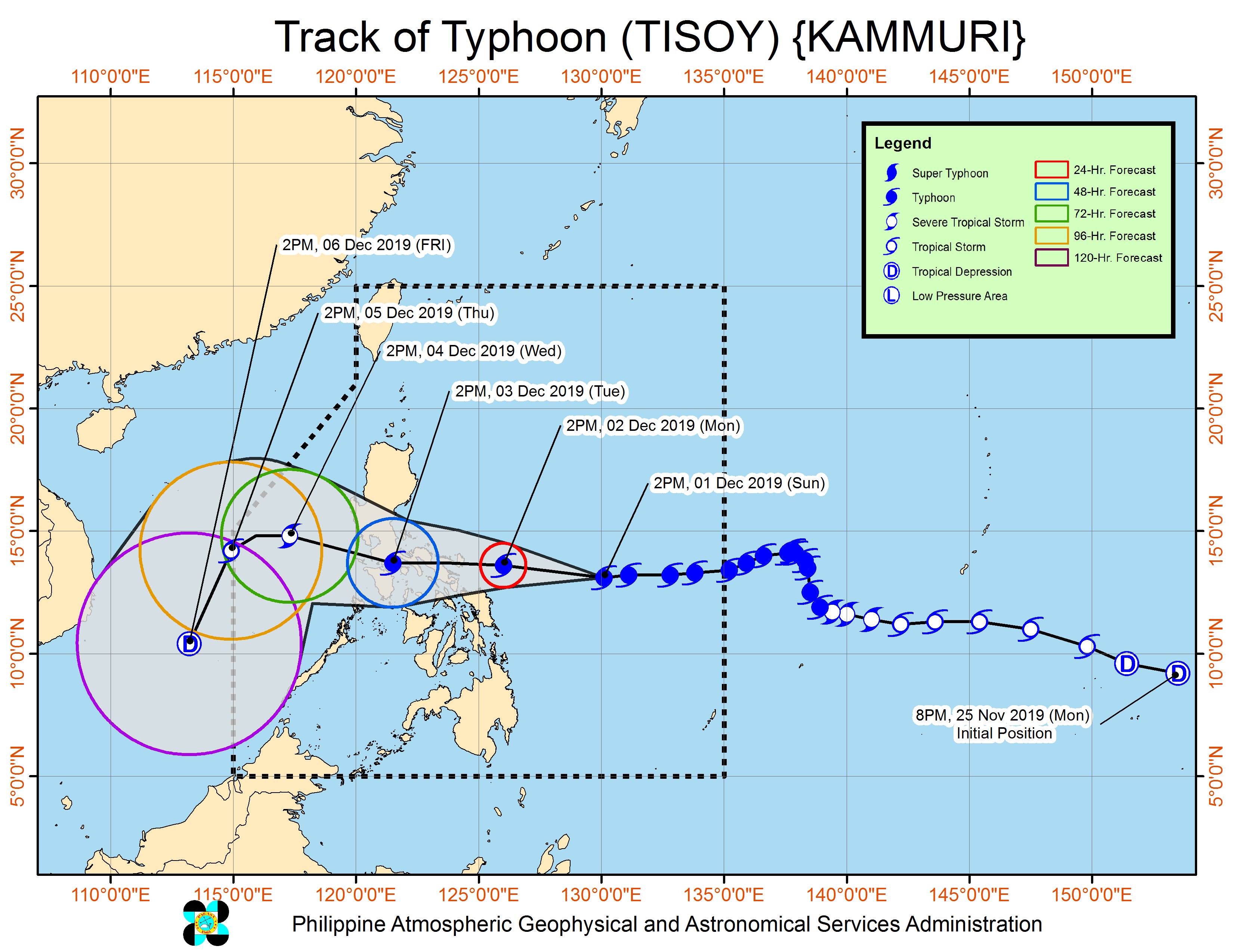 Forecast track of Typhoon Tisoy (Kammuri) as of December 1, 2019, 5 pm. Image from PAGASA 