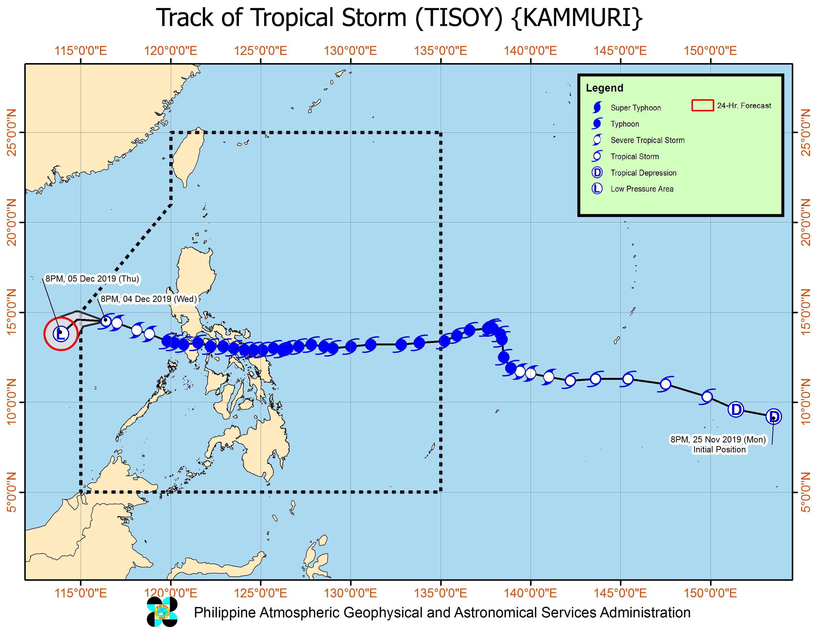 Forecast track of Tropical Storm Tisoy (Kammuri) as of December 4, 2019, 11 pm. Image from PAGASA 