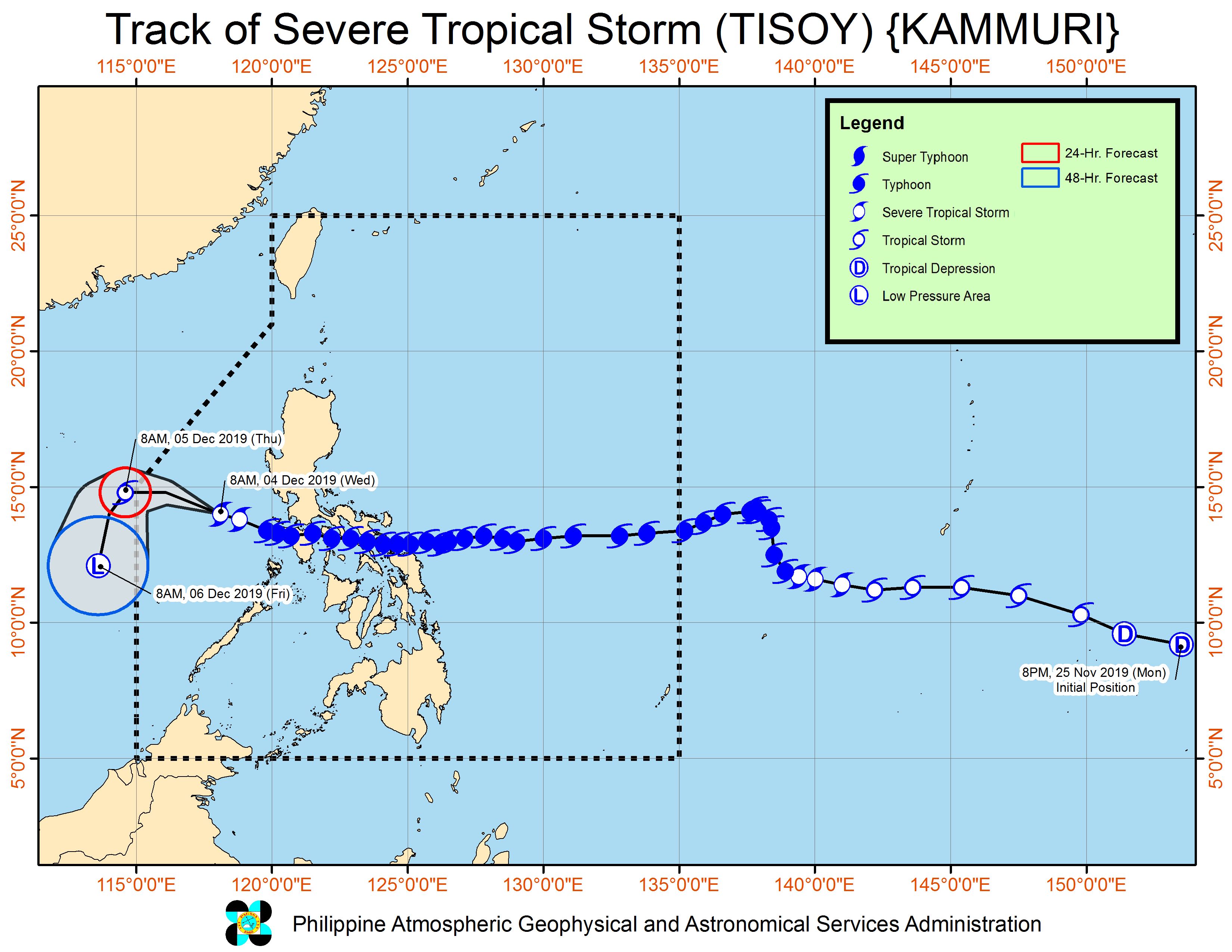 Forecast track of Severe Tropical Storm Tisoy (Kammuri) as of December 4, 2019, 11 am. Image from PAGASA 