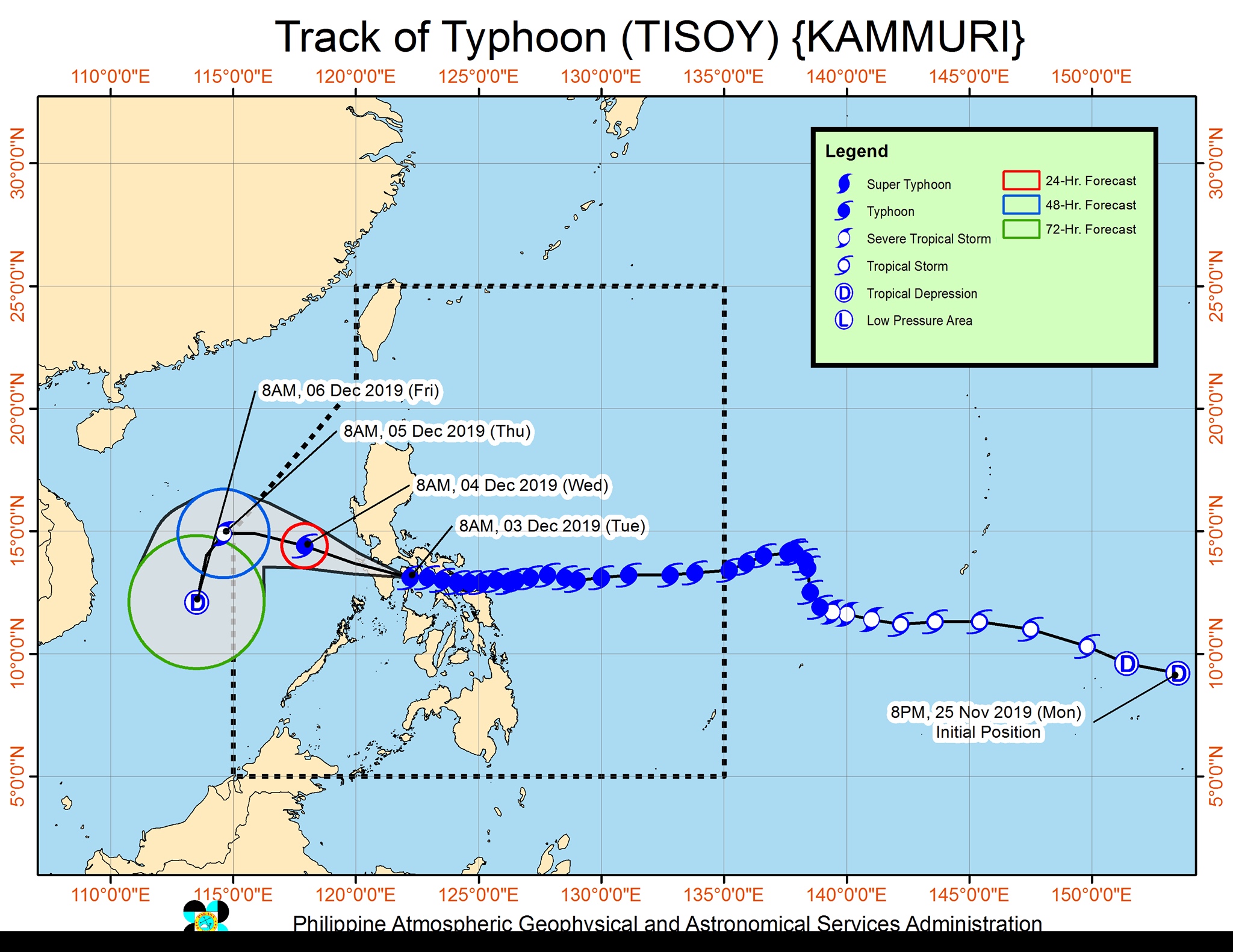 Forecast track of Typhoon Tisoy (Kammuri) as of December 3, 2019, 11 am. Image from PAGASA 