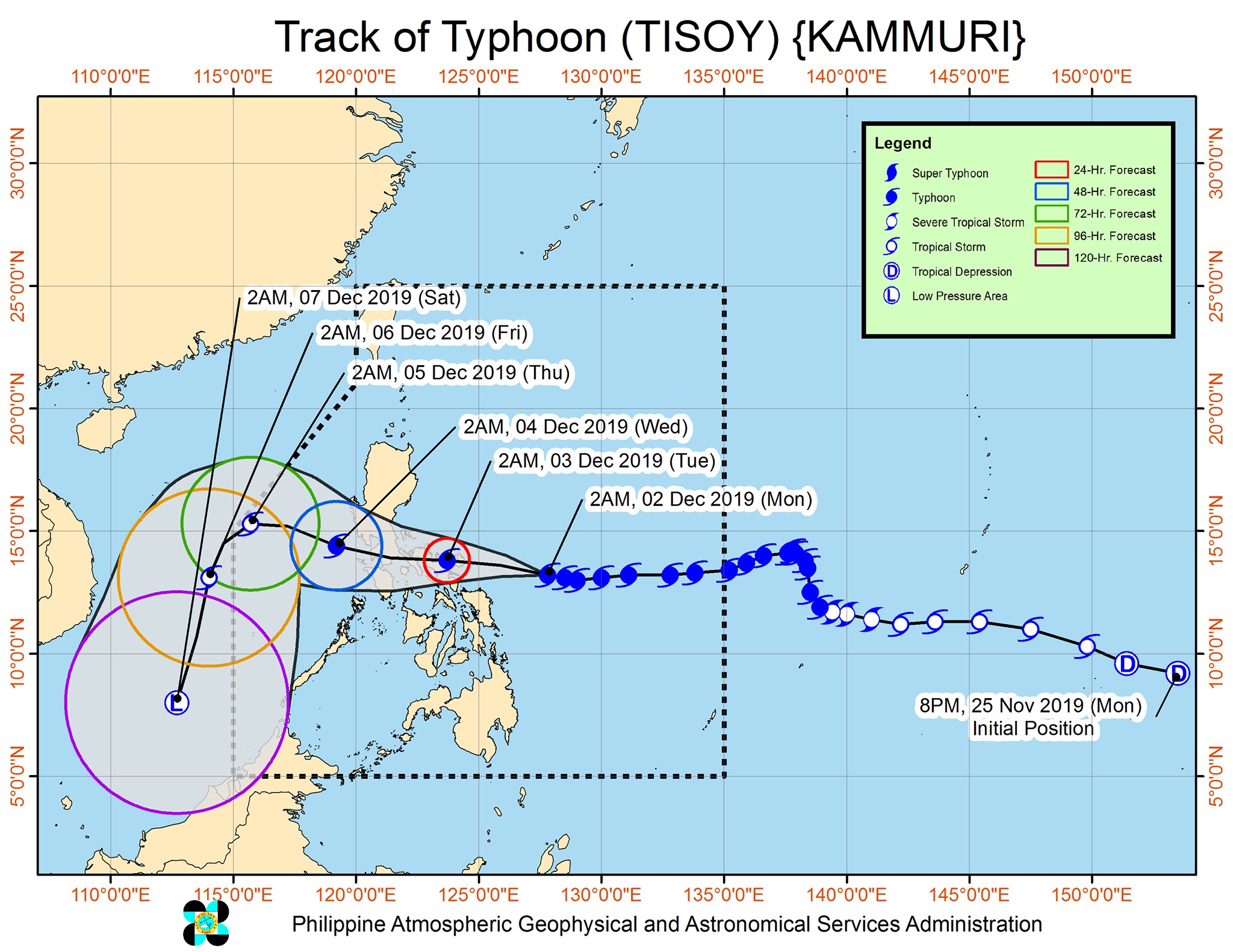 Forecast track of Typhoon Tisoy (Kammuri) as of December 2, 2019, 5 am. Image from PAGASA 