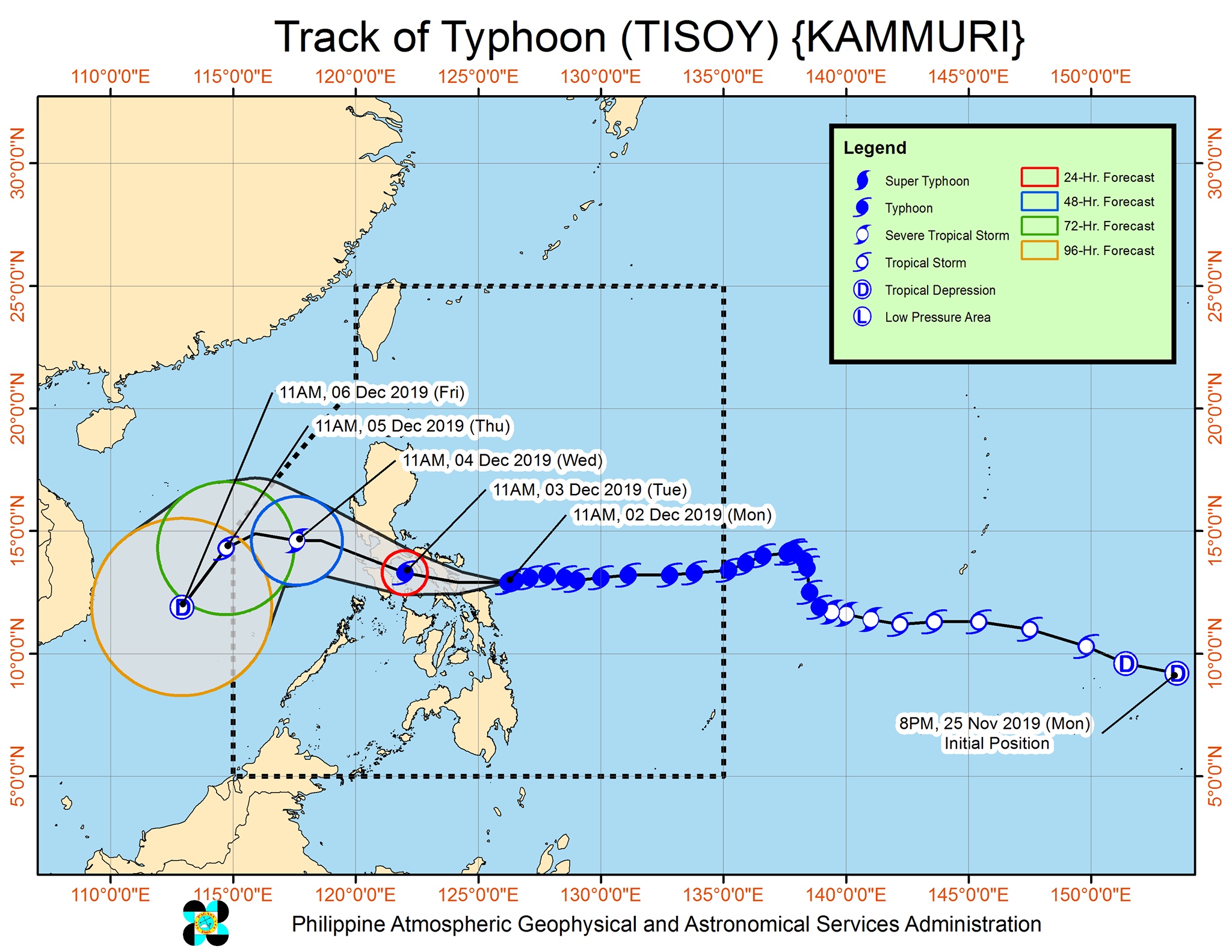 Forecast track of Typhoon Tisoy (Kammuri) as of December 2, 2019, 2 pm. Image from PAGASA 