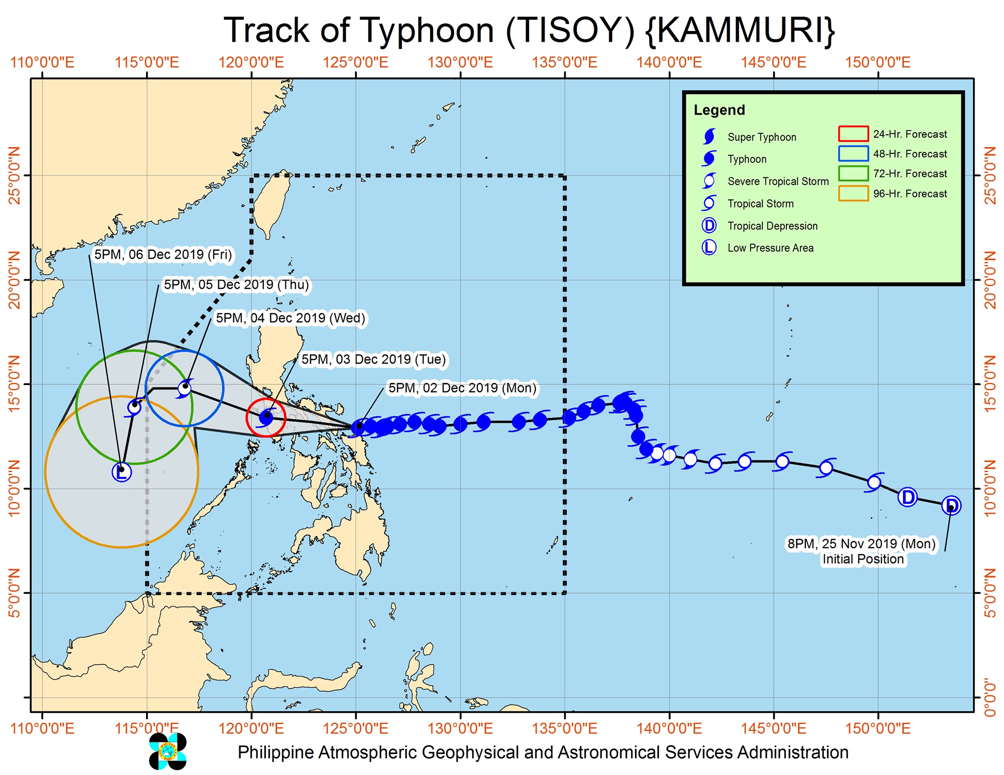 Forecast track of Typhoon Tisoy (Kammuri) as of December 2, 2019, 8 pm. Image from PAGASA 