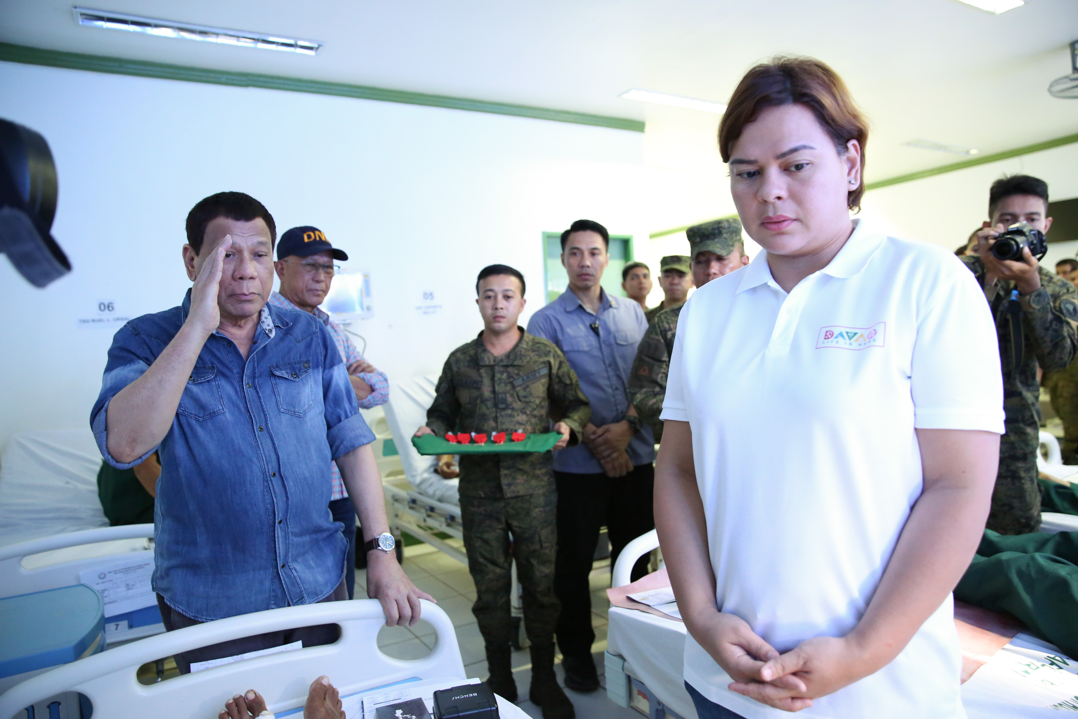FATHER AND DAUGHTER. President Rodrigo Roa Duterte visits wounded soldiers at Camp Teodulfo Bautista in Jolo, Sulu on January 28, 2019 with Davao City Mayor Sara Duterte-Carpio. Photo by Albert Alcain/Presidential Photo  