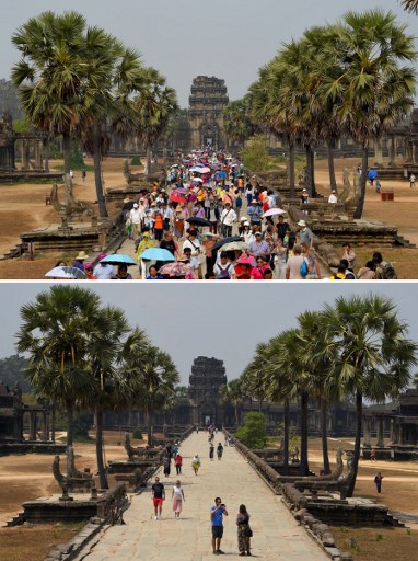 TOURISTS DOWN. This combination photo created on March 5, 2020 shows tourists visiting Angkor Wat temple in Siem Reap province on March 16, 2019 (top) and on March 5, 2020. File photo by Tang Chhin Sothy / AFP 