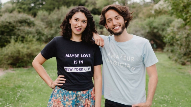 BEYOND THE PAGE. Sarah Kay and Phil Kaye wear the new line of shirts that include lines from their poetry. Photo from Facebook.com/kaysarahsera 