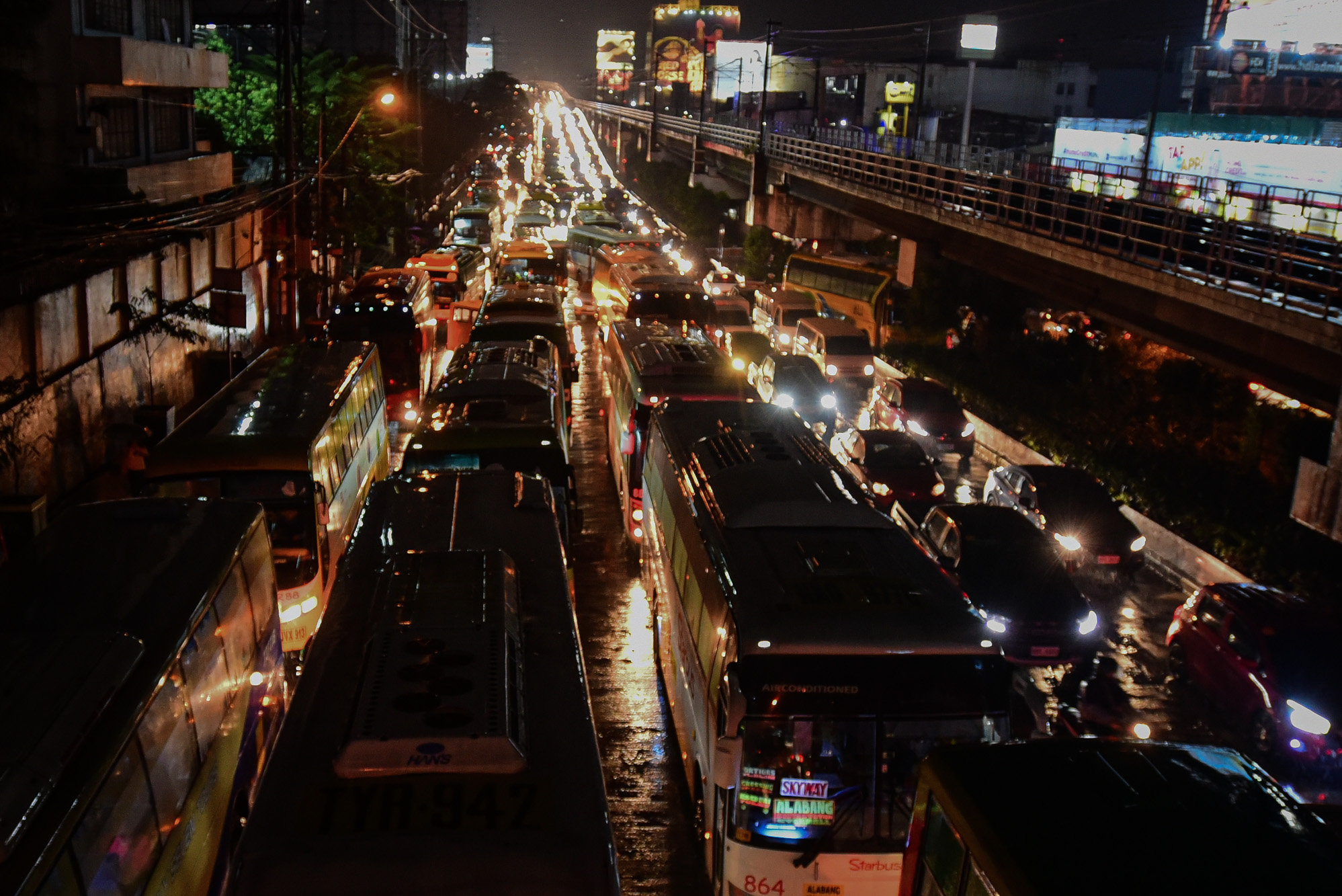 GRIDLOCK. Heavy traffic near Cubao as heavy rains fell on the metro in the early evening hours of the day compounded by reblocking and repair of some lanes in portions of EDSA on October 12, 2019. File photo by Maria Tan/Rappler