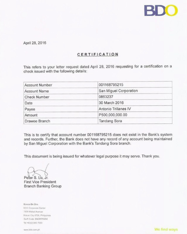 NO RECORDS. BDO certifies the non-existence of a bank account under San Miguel Corporation in the bank's Tandang Sora branch. Photo from Senator Trillanes's Instagram account 
