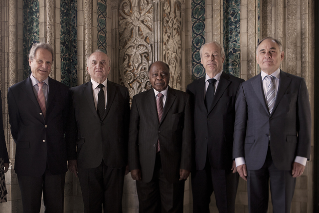HIGH-CALIBER TRIBUNAL. The arbitral tribunal is led by Judge Thomas Mensah (president, C), the first president of the International Tribunal for the Law of the Sea. The high-caliber tribunal also includes the following (L to R): Judge Jean-Pierre Cot, Judge Stanislaw Pawlak, Judge Rüdiger Wolfrum, and Professor Alfred H. A. Soons. Photo courtesy of PCA    