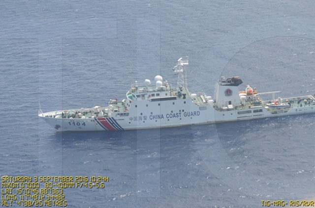 MARITIME DISPUTE. A ship of the China Coast Guard near Scarborough Shoal, September 3, 2016. File photo from the Philippine Department of National Defense 