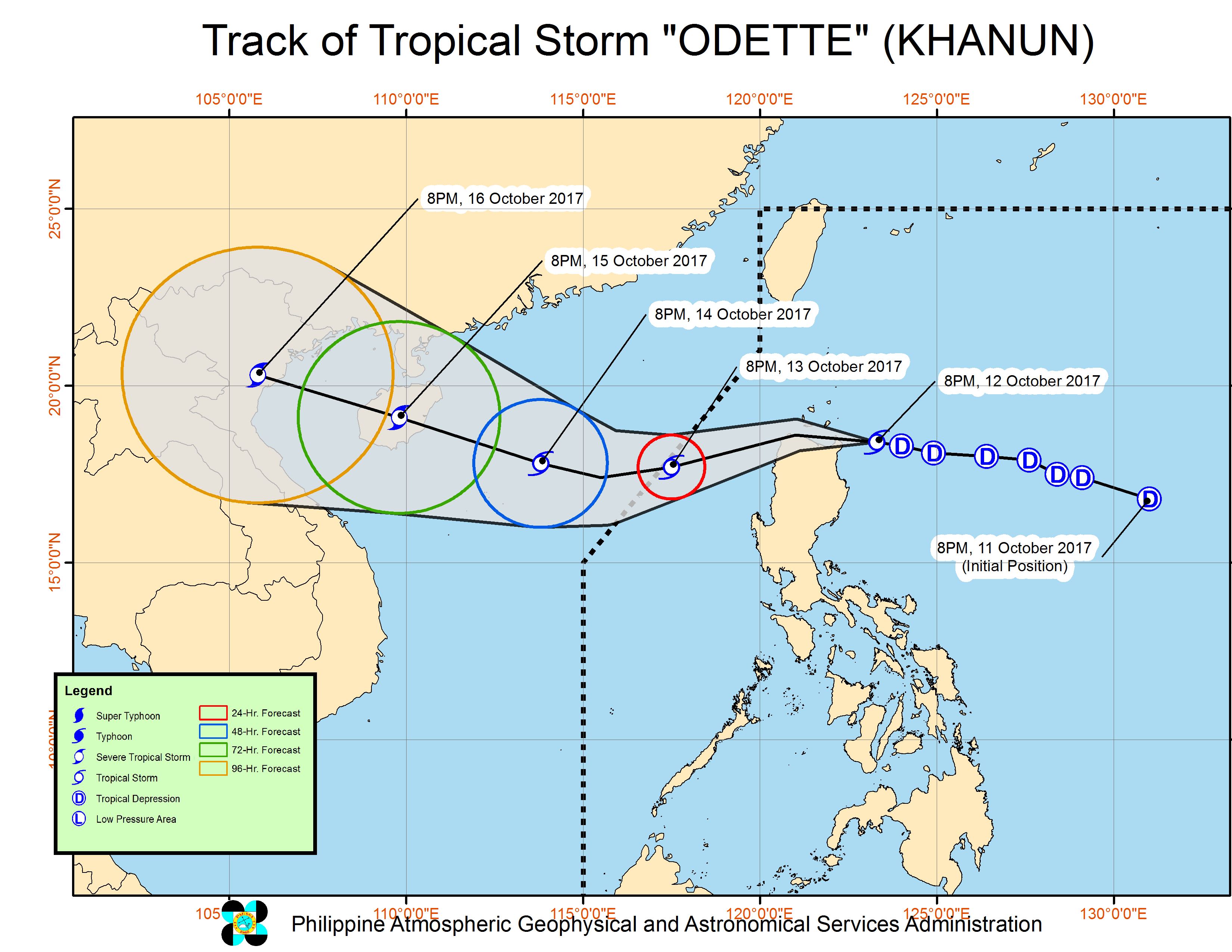 Forecast track of Tropical Storm Odette as of October 12, 11 pm. Image courtesy of PAGASA 