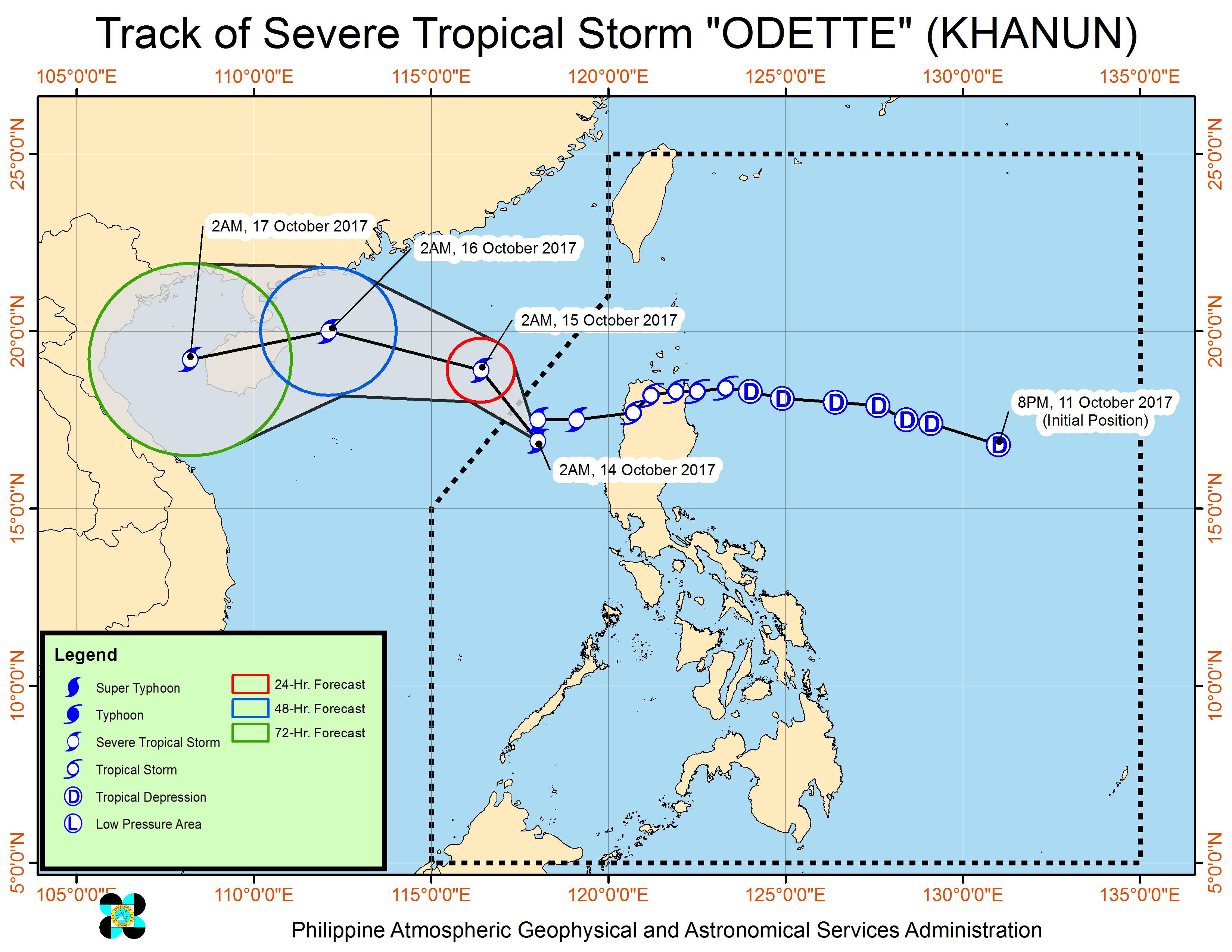 Forecast track of Severe Tropical Storm Odette as of October 14, 5 am. Image courtesy of PAGASA 