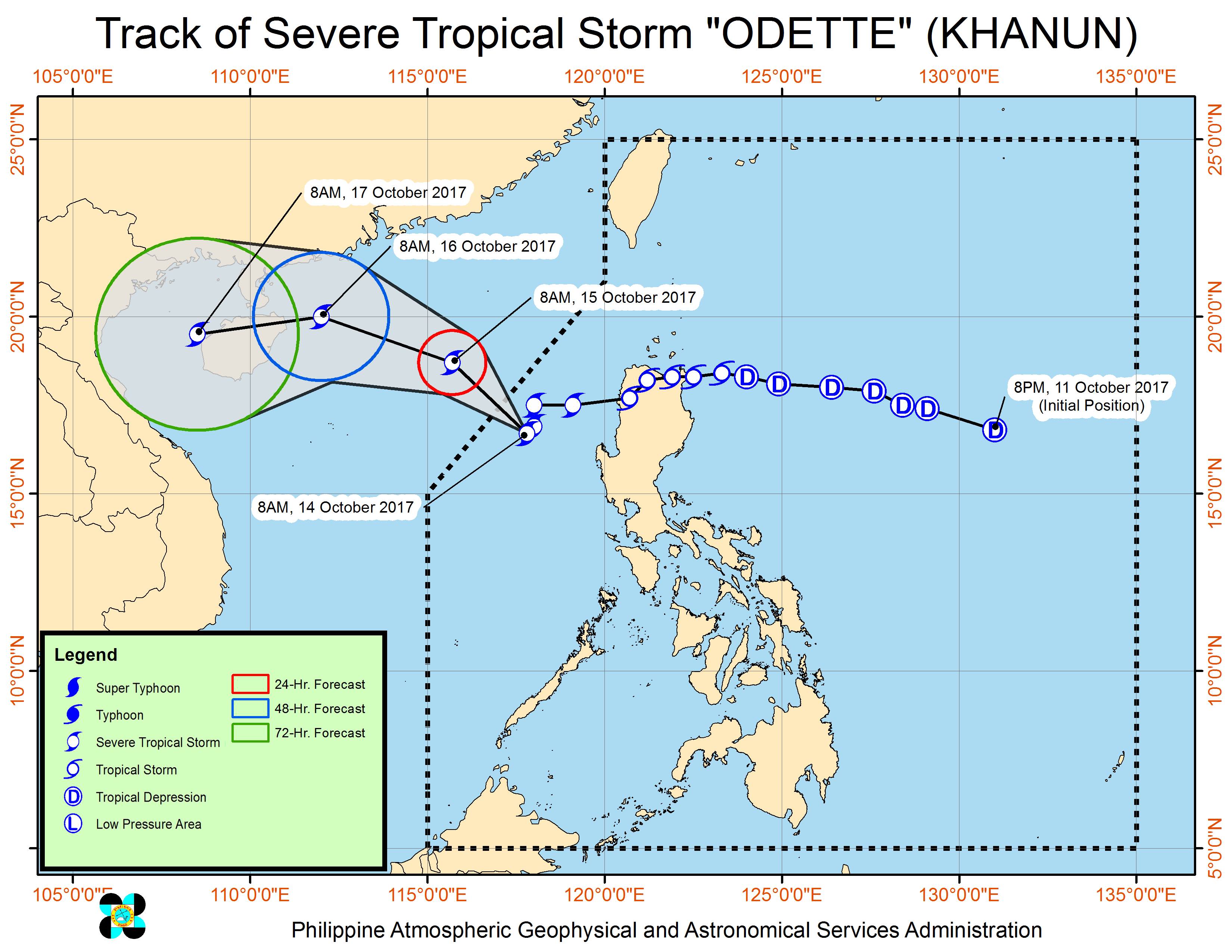 Forecast track of Severe Tropical Storm Odette as of October 14, 11 am. Image courtesy of PAGASA 