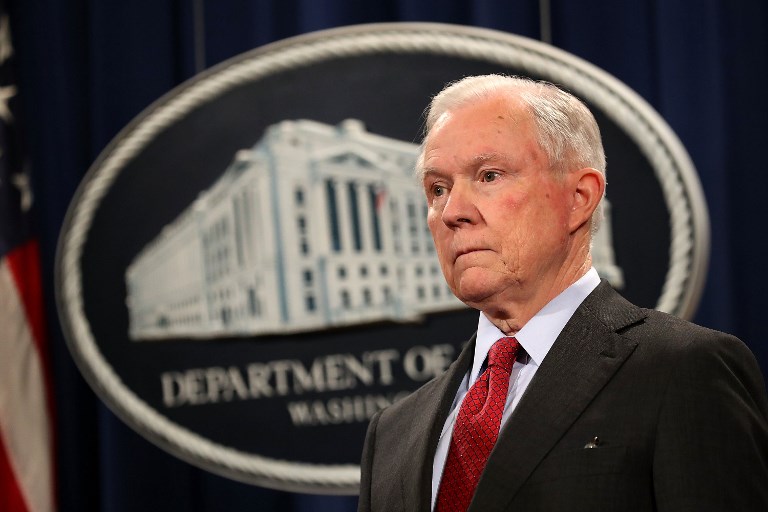 FIRED. In this file photo, US Attorney General Jeff Sessions holds a news conference at the Department of Justice on December 15, 2017 in Washington, DC. File photo by Chip Somodevilla/Getty Images/AFP  