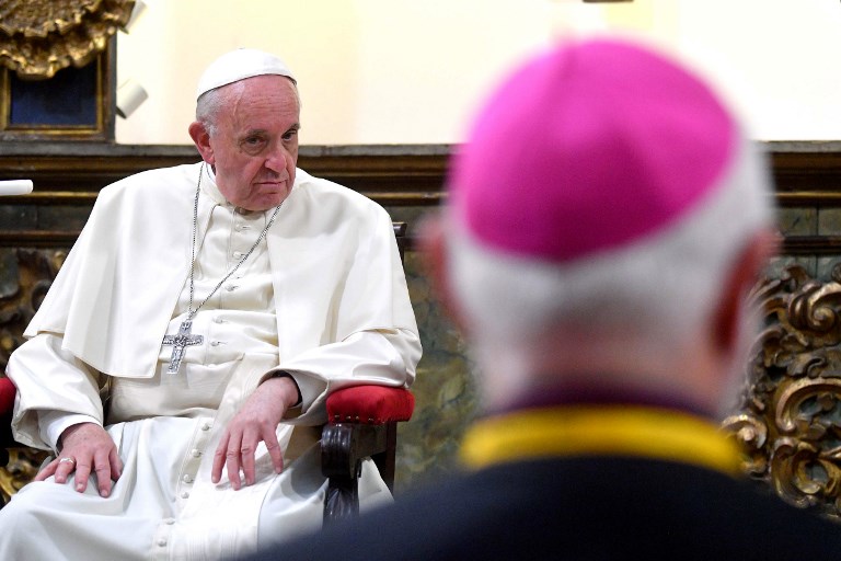 ON CELIBACY. This file photo shows Pope Francis during a meeting with bishops at the sacristy of the Metropolitan Cathedral, in Santiago on January 16, 2018. File photo by Luca Zennaro/Pool/AFP 