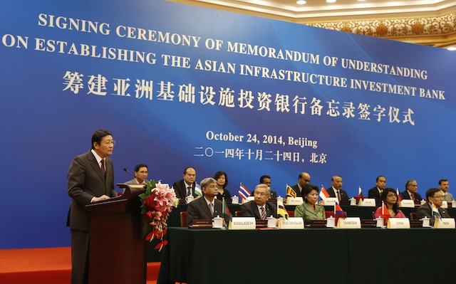 CHINA-LED BANK. Chinese Finance Minister Lou Jiwei (L) gives a speech with the guests of the signing ceremony of the Asian Infrastructure Investment Bank in the Great Hall of the People in Beijing, China, on October 24, 2014. File photo by Takaki Yajima/Pool/EPA  