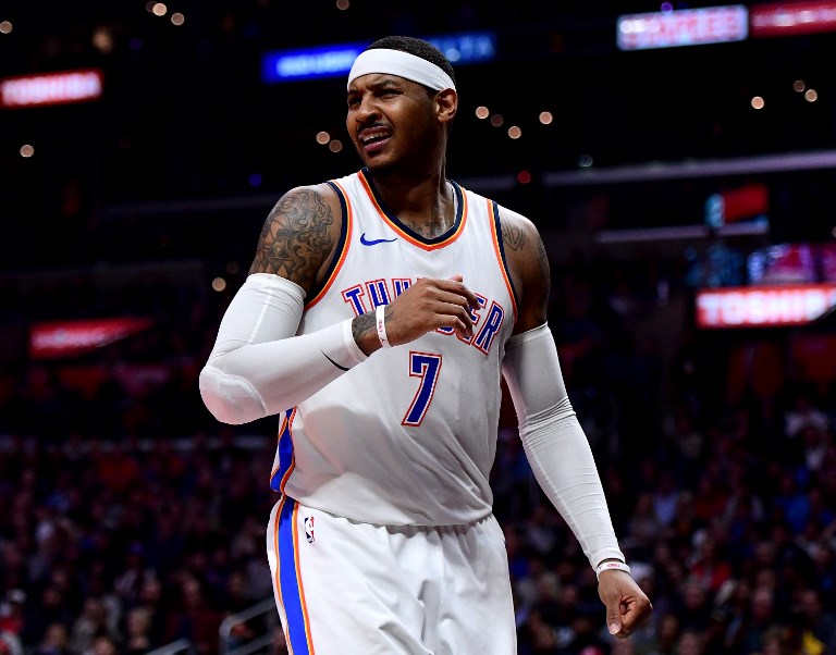 FRUSTRATED. Thunder forward Carmelo Anthony says he's done sacrificing. Photo by Harry How/Getty Images/AFP   