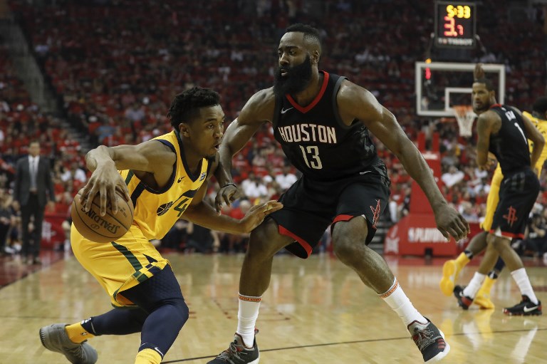 HOLDING THE FORT. James Harden and the Houston Rockets defend their home court in Game 1 against the Utah Jazz. Photo by Tim Warner/Getty Images/AFP 
