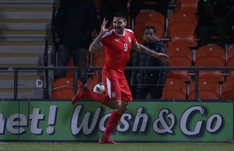 DECISIVE GOAL. In this file photo, Aleksandar Mitrovic celebrates after scoring a goal in a recent international friendly. The Serbian striker scores anew for Fulham against Sunderland. Photo by Daniel Leal-Olivas/AFP  