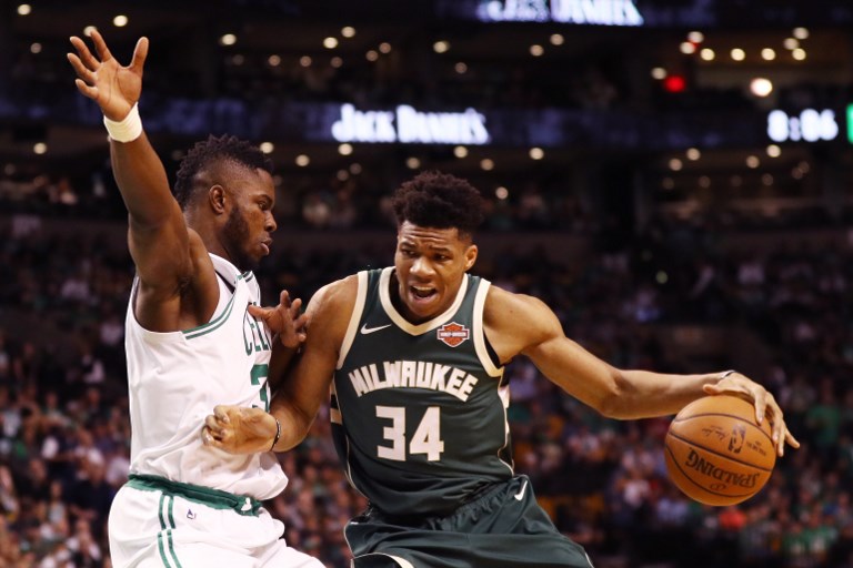 DECIDER. Semi Ojeleye and the Boston Celtics show the door to Giannis Antetokounmpo and the Milwaukee Bucks. Photo by Maddie Meyer/Getty Images/AFP 