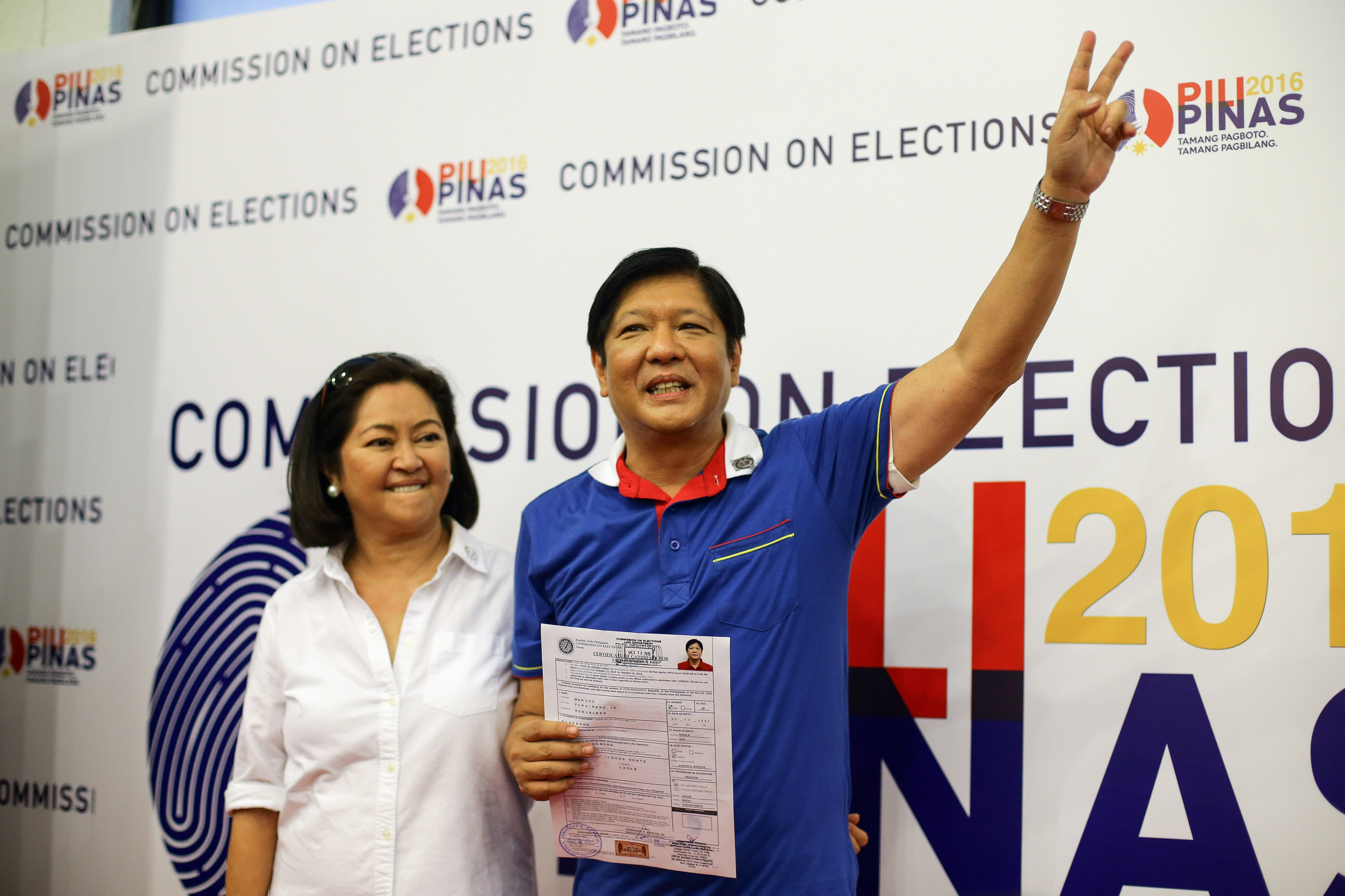 VP BID. Senator Bongbong Marcos has officially joined the roster of vice presidential candidates in the 2016 elections. Photo by Mark Cristino/EPA 