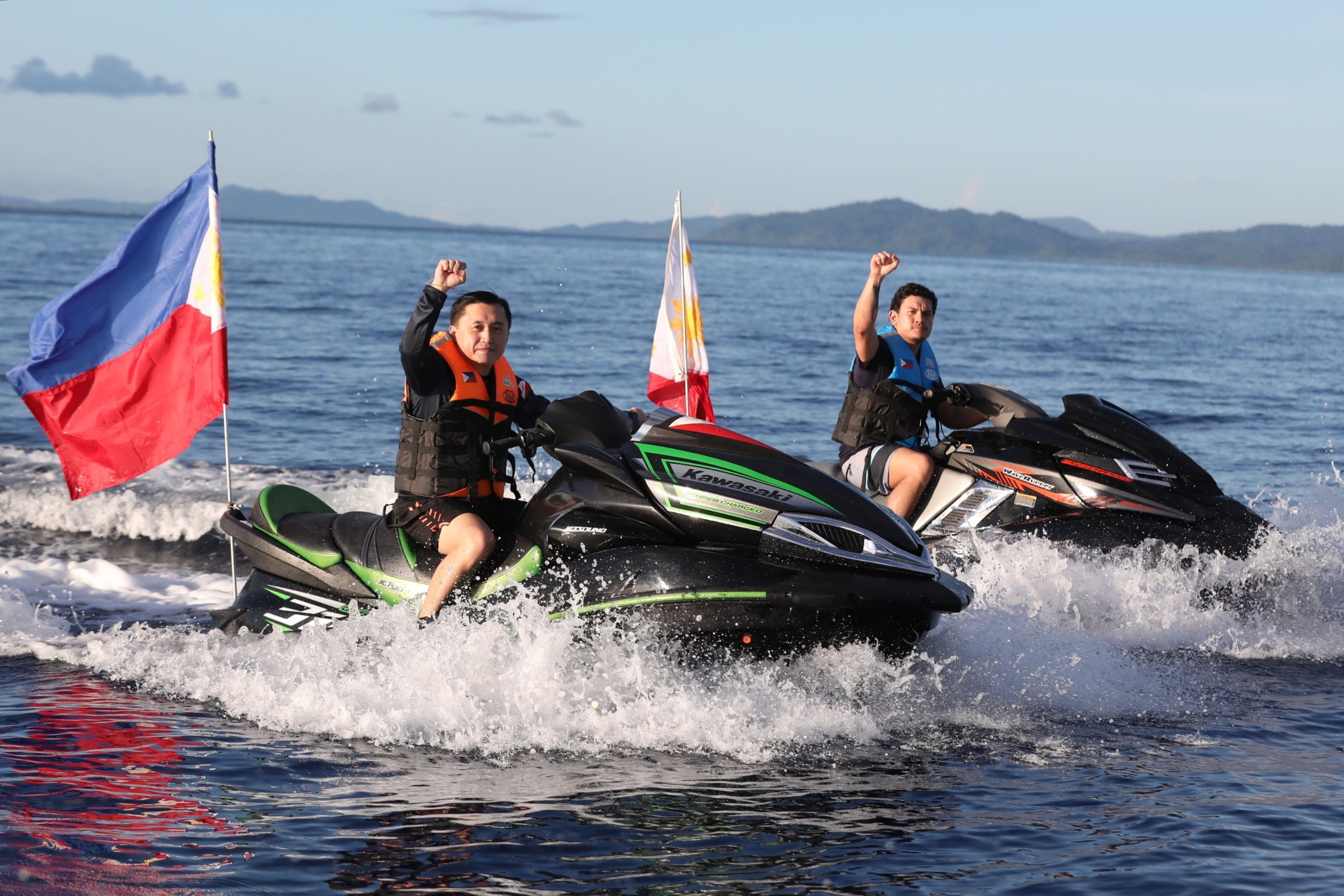 JETSKI STUNT. Presidential aide Bong Go and presidential son Sebastian Duterte jetski around the uncontested Casiguran Sound. Malacañang photo  