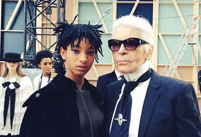 NEW MUSE. Willow Smith, daughter of Will Smith and Jada Pinkett Smith poses with Karl Lagerfeld during the Chanel fashion show in Paris on Tuesday, March 8. Screengrab from Instagram/@chanelofficial 