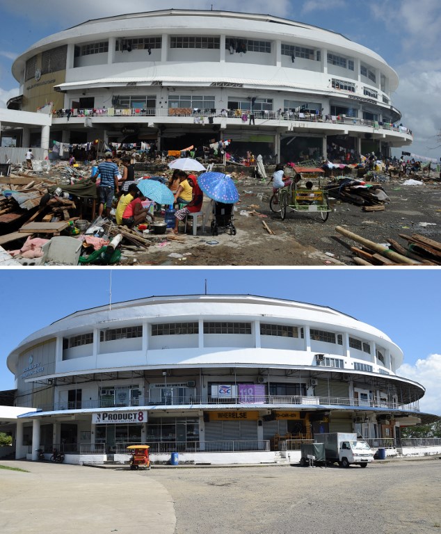 Residents rest outside the Tacloban Astrodome on November 10, 2013 (top photo), used as an evacuation center after Typhoon Yolanda (Haiyan) hit Tacloban. A general view of the astrodome on November 1, 2018 (below). Photos by Ted Aljibe/AFP 